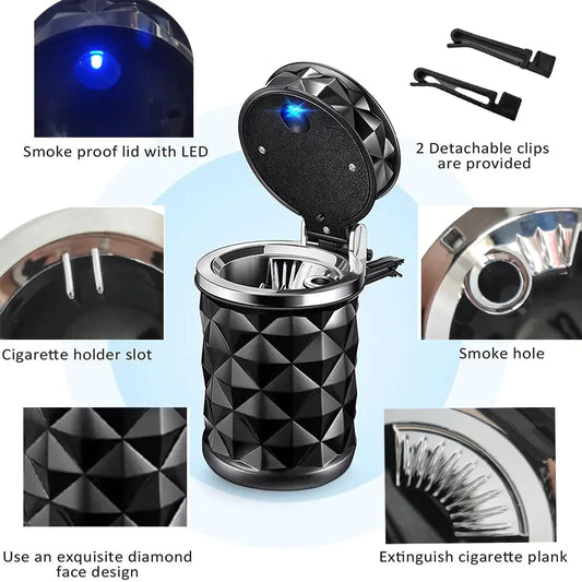 Diamond Cut LED Car Ashtray with High-Temp Resistance